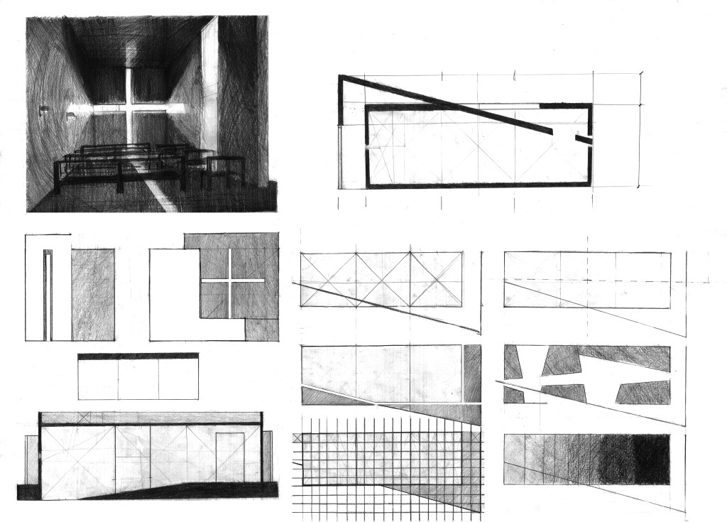 Plansza studiów wnętrza, rzutów i geometrycznych podziałów architektury — praca z galerii uczniów Langusty