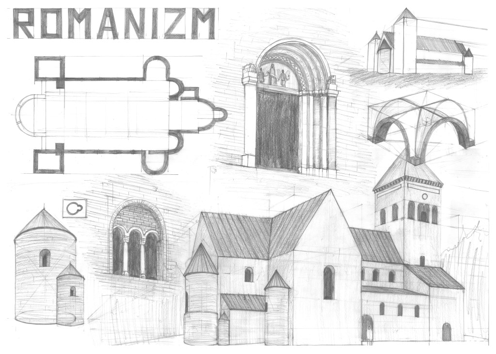 Plansza rysunkowa z rzutem kościoła i detalami architektury romańskiej — praca Amelii Sikory