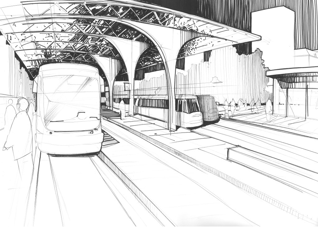 Rysunek miejskiej ulicy z tramwajem pod stalową konstrukcją wiaduktu — praca Heleny Włodarczyk