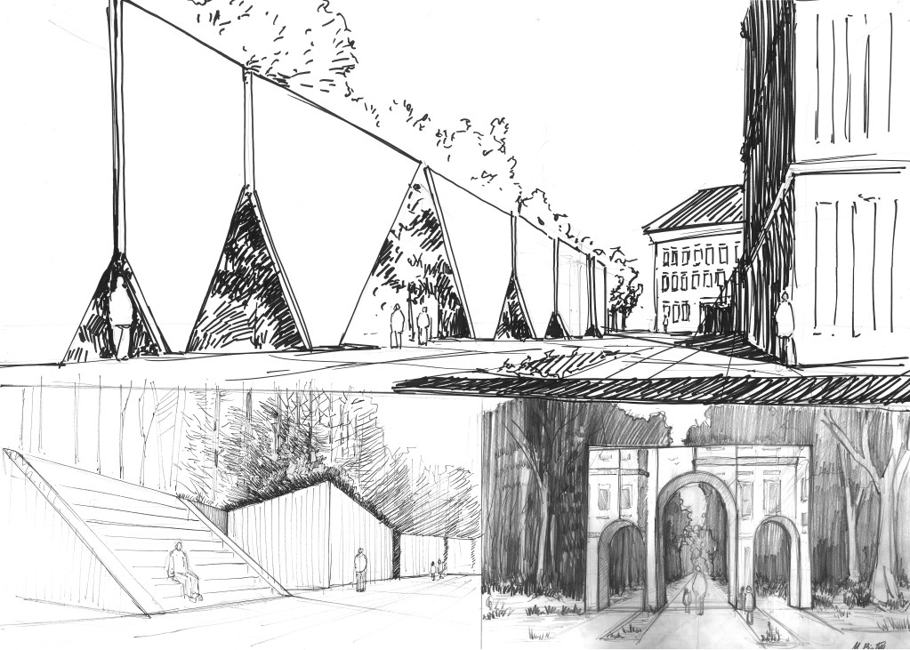 Rysunek architektonicznej bramy z trójkątnymi otworami i schodami — praca Moniki Białek