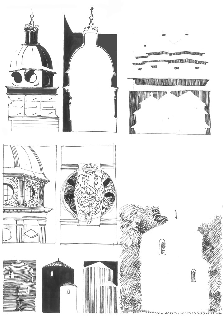 Plansza rysunkowa z kopułą, arkadami, ornamentami i detalami zabytkowej architektury — praca Martyny Włoch
